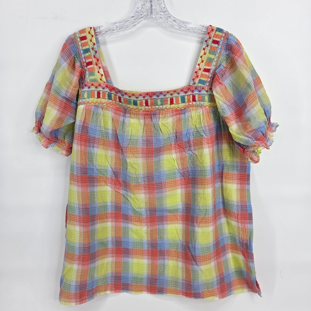 Johnny Was Workshop Plaid Blouse L Red Yellow Blue Boho Art-Inspired Embroidered